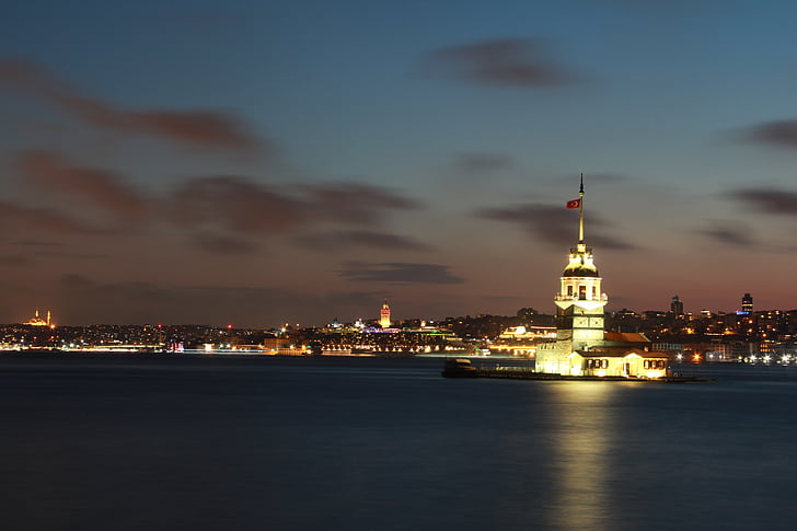 Maiden's Tower, Istanbul, Turkey during nighttime