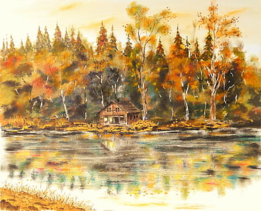 brown wooden house near body of water surrounded by brown leaf trees painting