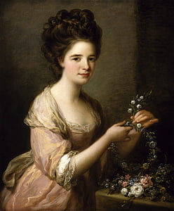 woman holding wreath painting