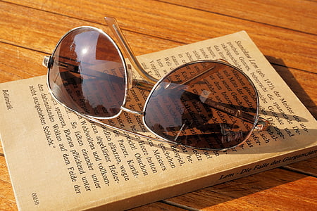brown wayfarer sunglasses on book and wooden board