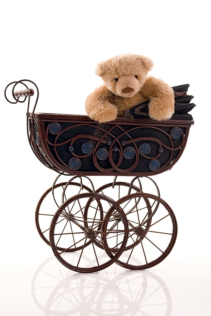 brown bear plush toy on stroller