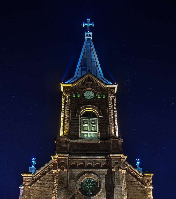 photograph of brown cathedral during night