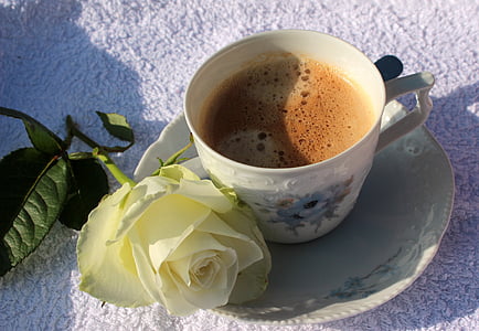 white rose beside teacup filled with coffee