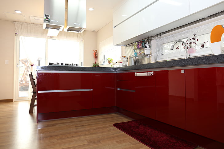 photo of red kitchen cabinet