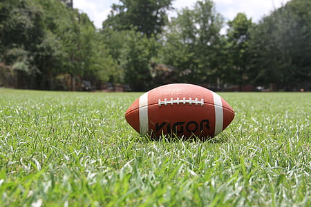 brown and white football on green grass field during daytime