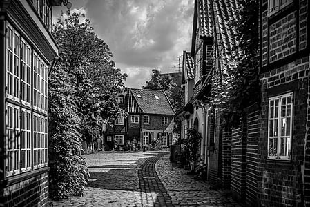 grayscale photography of empty pathway between houses