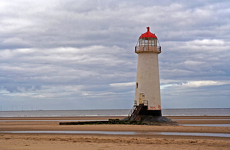 white lighthouse near body of water under cloudy sky