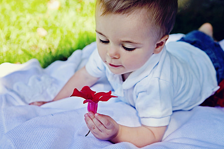 boy wearing white polo shirt holding red flower