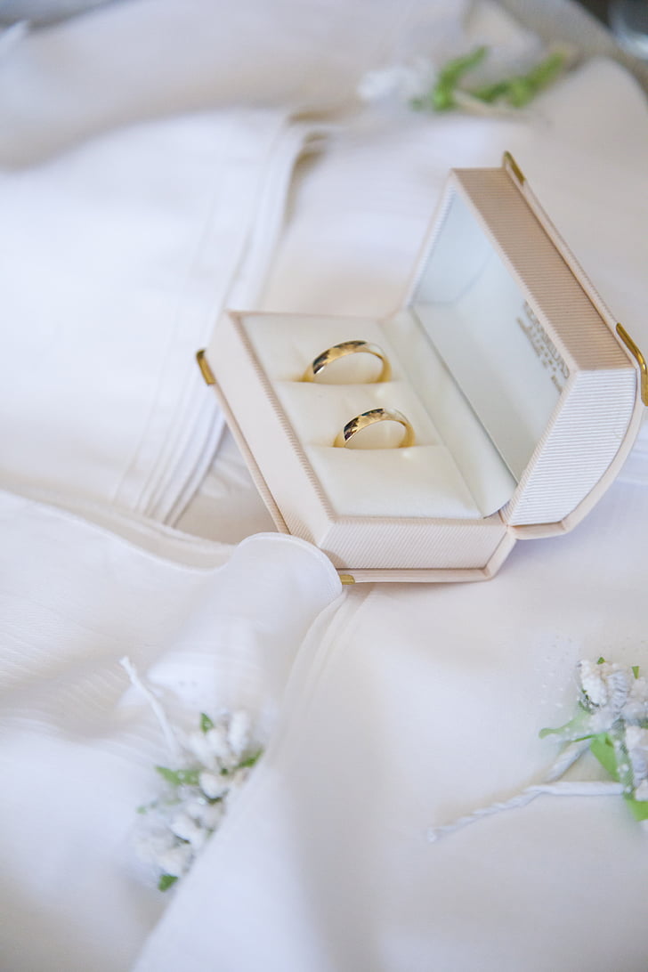 two gold-colored rings on box