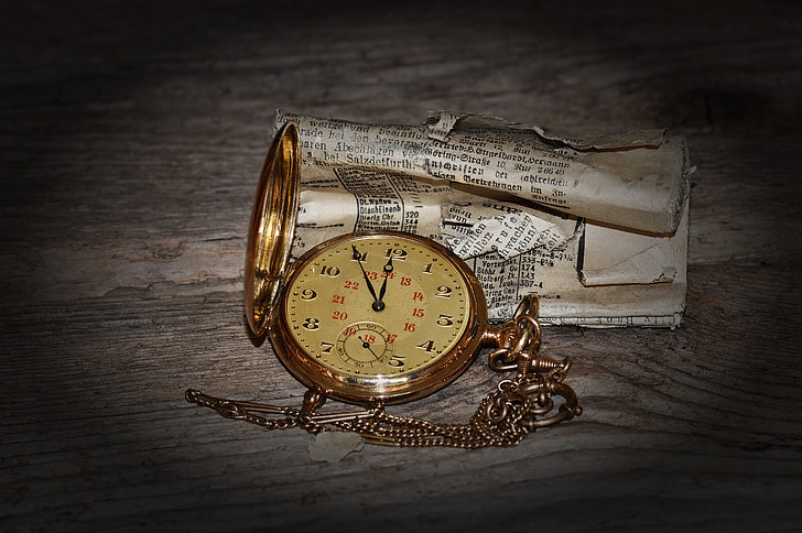 gold-colored pocket watch at 12:55