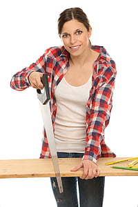 woman in red and gray long-sleeved shirt holding black hand saw photo