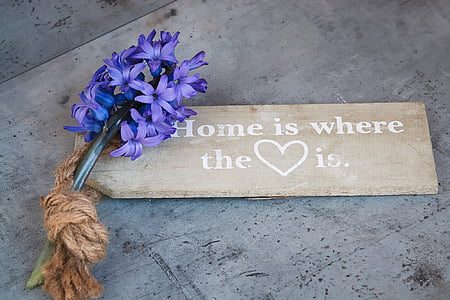 purple petaled flowers on brown wooden home is where the heart is board