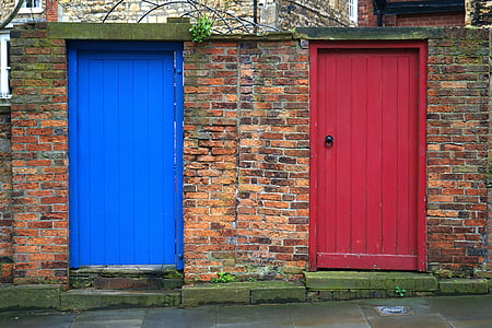 blue and red wooden doors