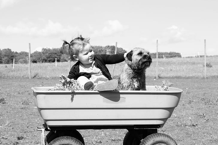 grayscale photo of child with dog on wagon
