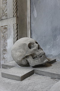 gray human skull on cross