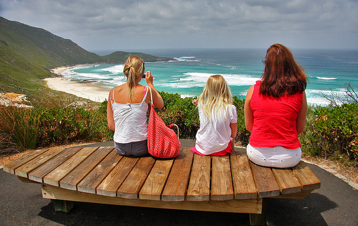 women sitting on brown wooden bench looking at ocean