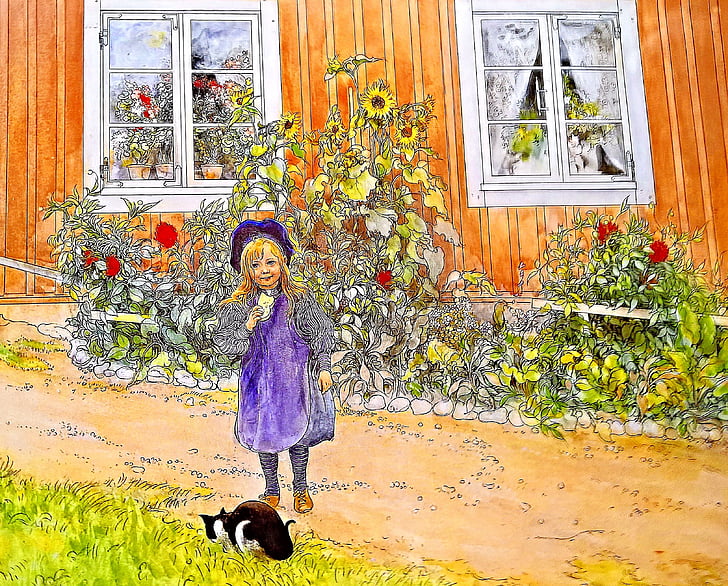 painting of girl and black cat outside house
