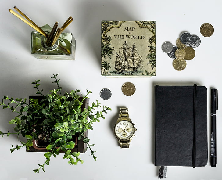 top view of pile of coins and black leather journal case and green leaf plant on white table top
