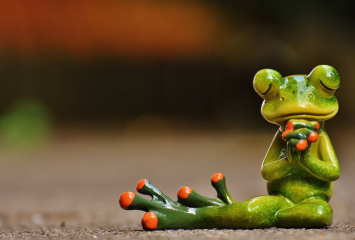 green and red frog figurine praying