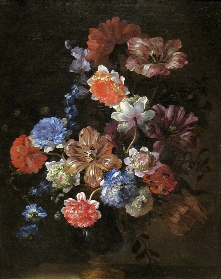 blue, pink, brown, and red flower painting