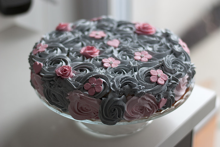 gray and pink floral icing cake