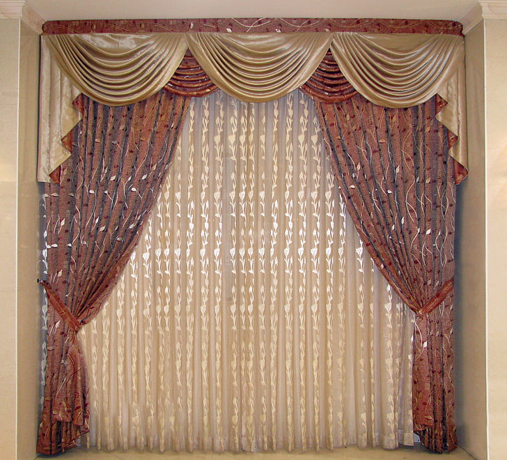 red and brown foliage window curtain inside room