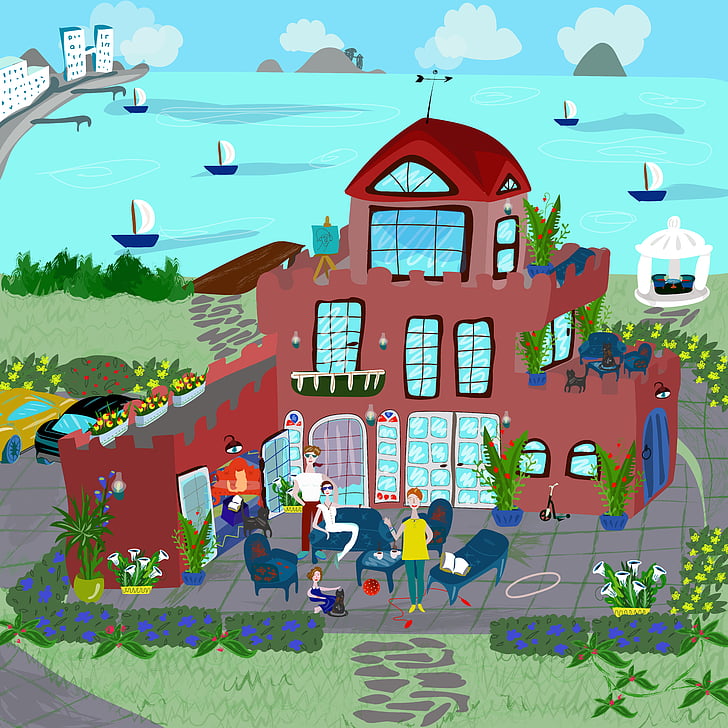 people in front on house near body of water illustration