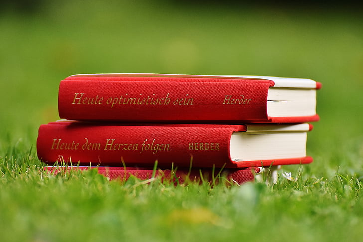 two red cover books on green gras