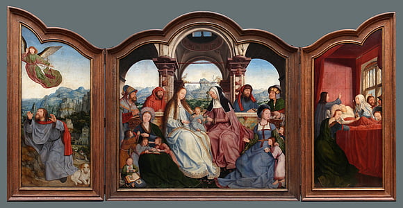 religious painting with brown wooden frame