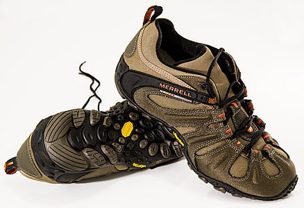 pair of brown-and-black Merrel shoes