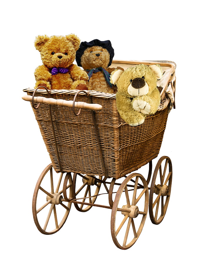 three brown bear plush toys in brown wicker bassinet