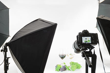photoshoot of wine glasses filled with green and purple grape wines with grapes