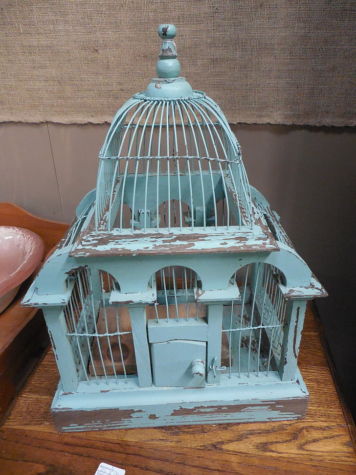 blue steel birdcage on brown table