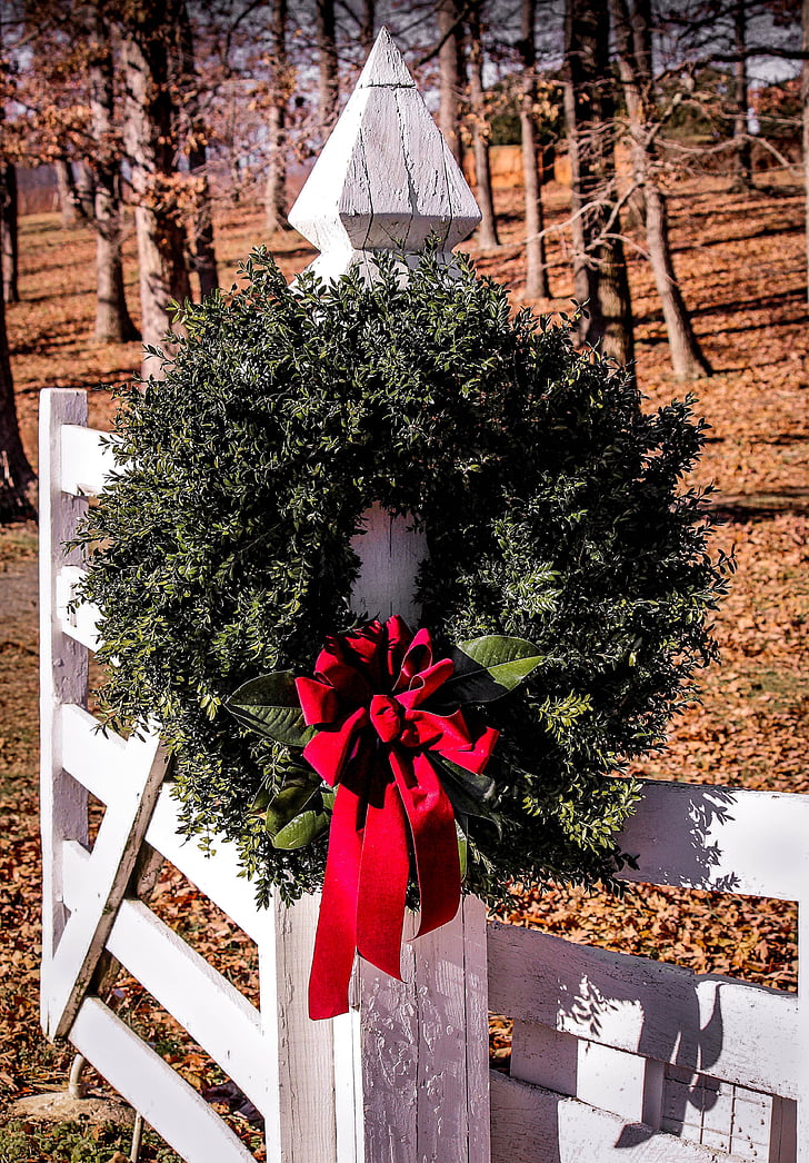 green and red wreath hang on white wooden fence during daytime