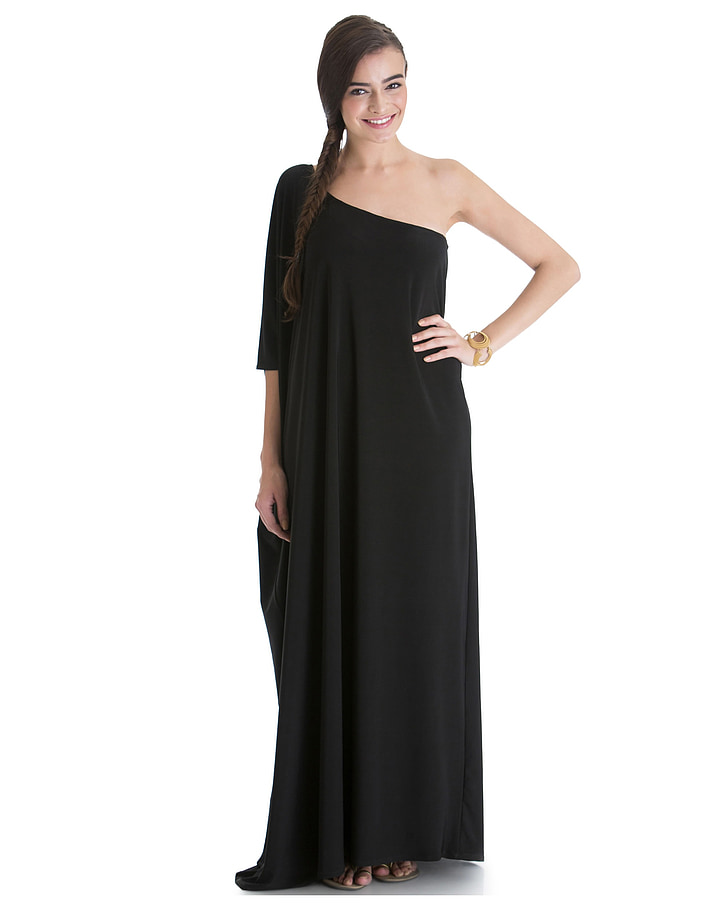 woman wearing black one-shoulder dress