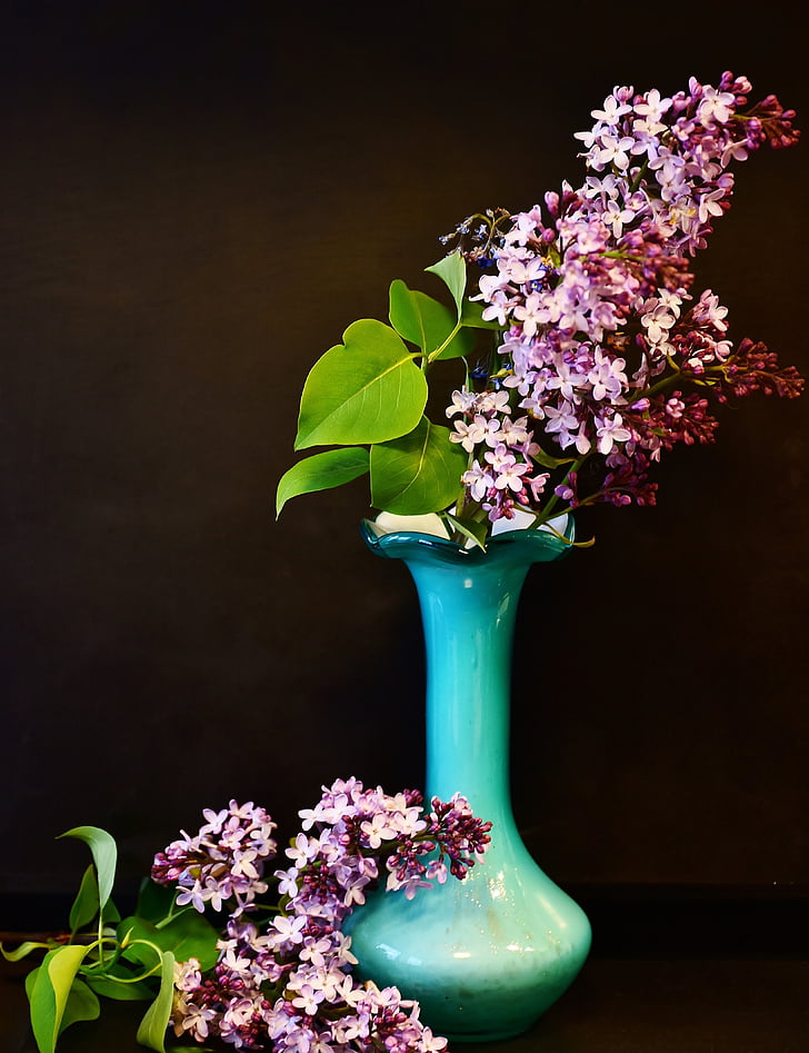 pink petaled flowers on green glass vase