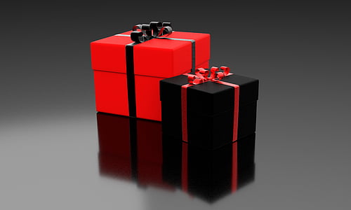 two black-and-red gift boxes