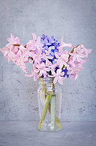 pink and blue flowers in glass vase