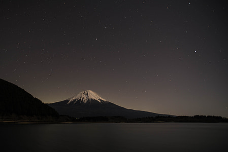 photography of mountain near body of water during nighttime