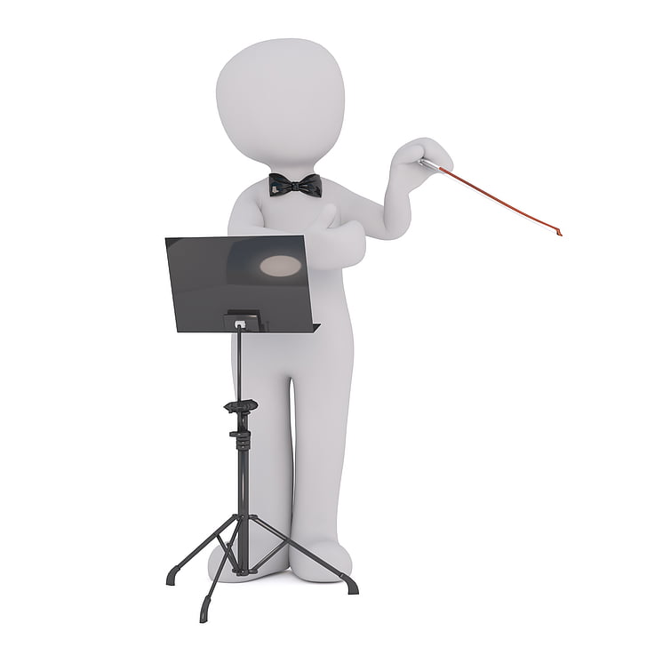 human figure standing in front of music stand