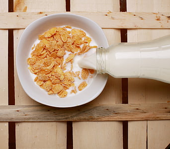 white ceramic bowl with cereals and milk