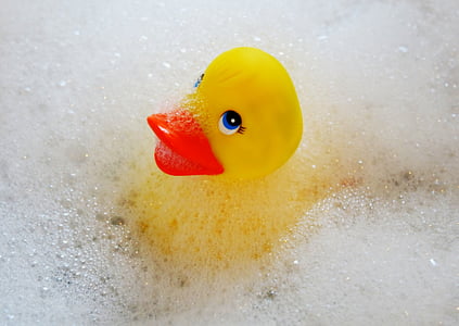 yellow rubber duckling in water with soap