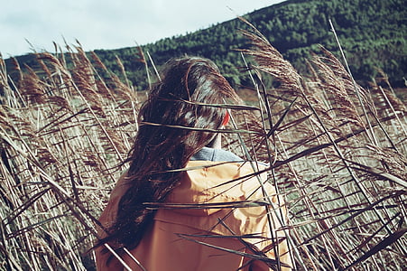 woman in yellow hoodie surrounded by high grasses during daytime