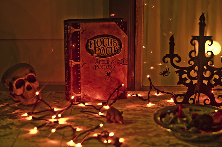 Hocus Pocus book surrounded with string lights