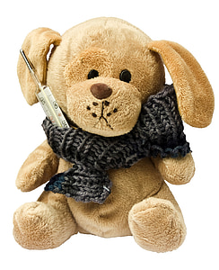 brown bear wearing crocheted scarf and thermometer on neck plush toy