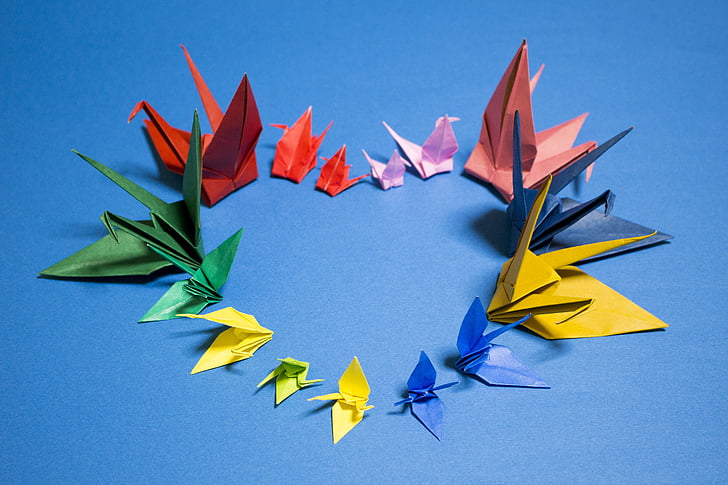 assorted-color bird origami on blue surface