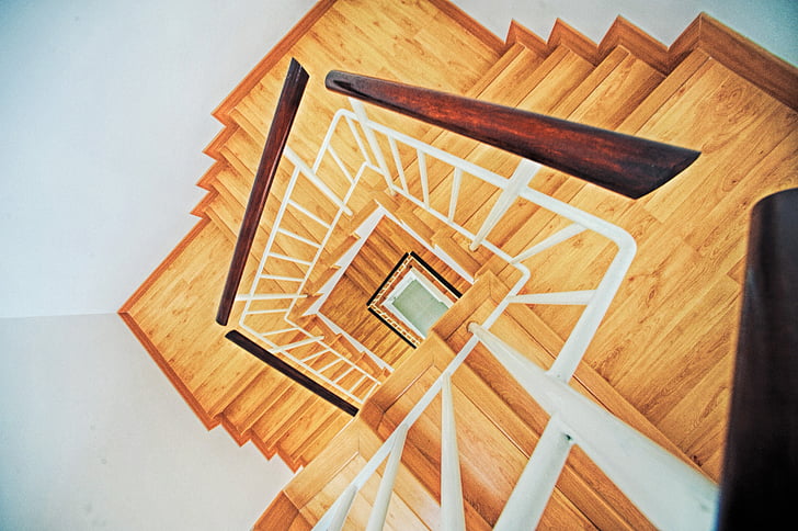 aerial view of brown wooden staircase