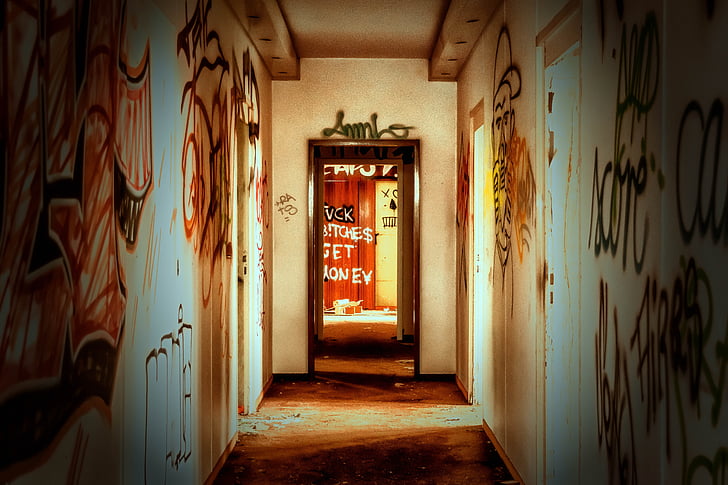 hallway with graffiti
