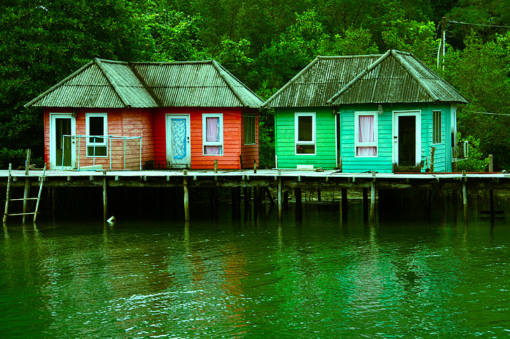 red and green house on body of water