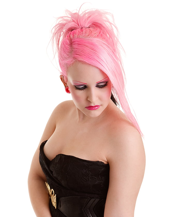 woman with pink hair and wearing tube top